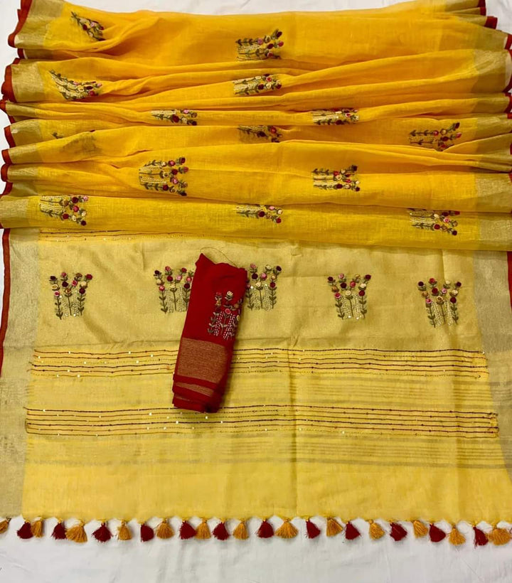 Arty-Crafty Pure Hand Embroidered Linen Saree