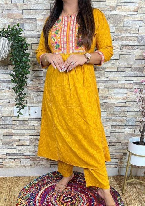 Benevolent Yellow Embroidered Jaipur Kurti Set with Pocket