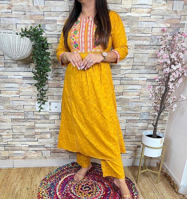 Benevolent Yellow Embroidered Jaipur Kurti Set with Pocket