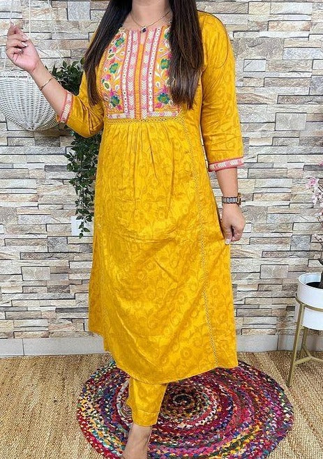 Benevolent Yellow Embroidered Jaipur Kurti Set with Pocket