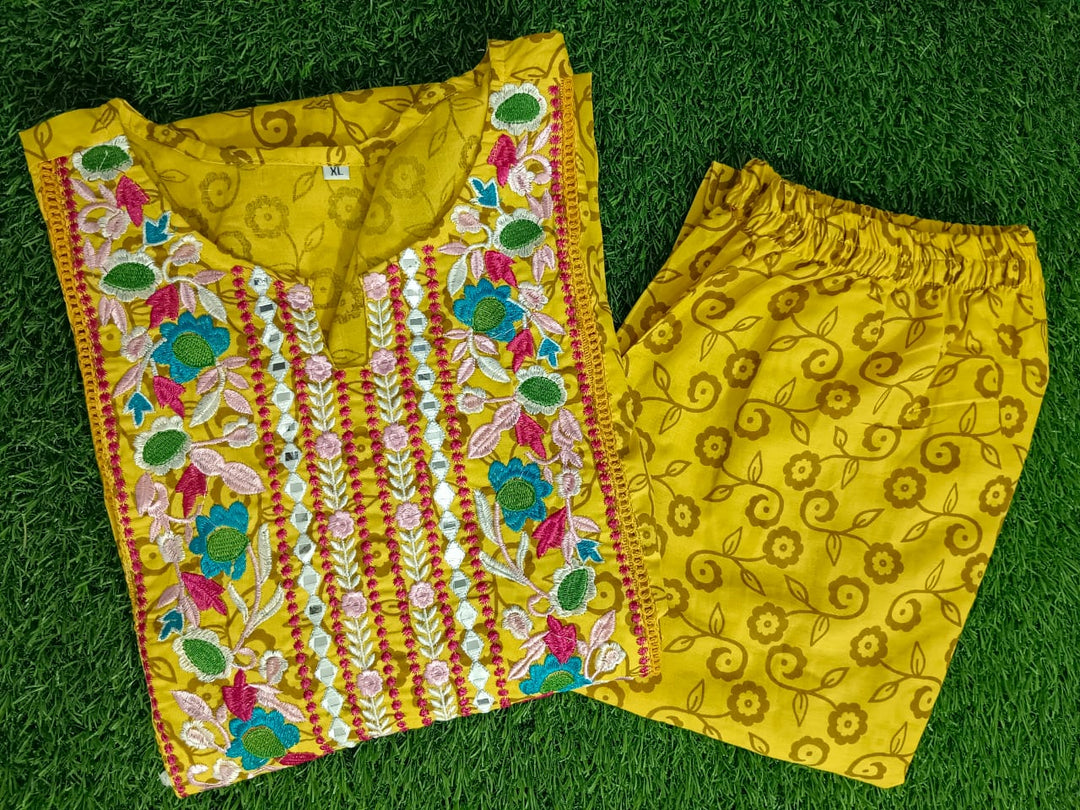 Benevolent Yellow Embroidered Jaipur Kurti Set with Pocket