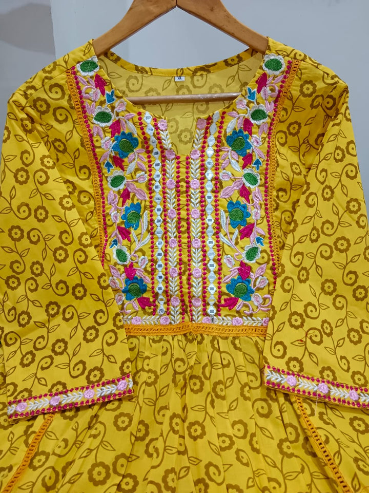 Benevolent Yellow Embroidered Jaipur Kurti Set with Pocket