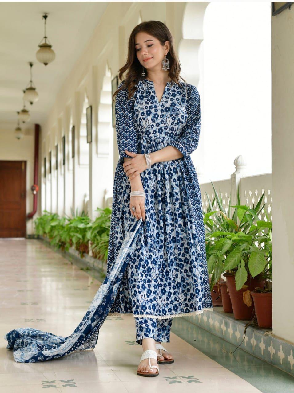 Charismatic Indigo Jaipur Cotton Kurti Set