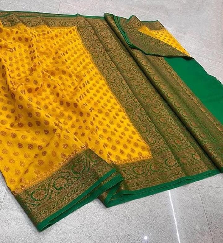 Inspiring Yellow Banarasi Semi Georgette Saree