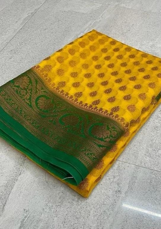 Inspiring Yellow Banarasi Semi Georgette Saree