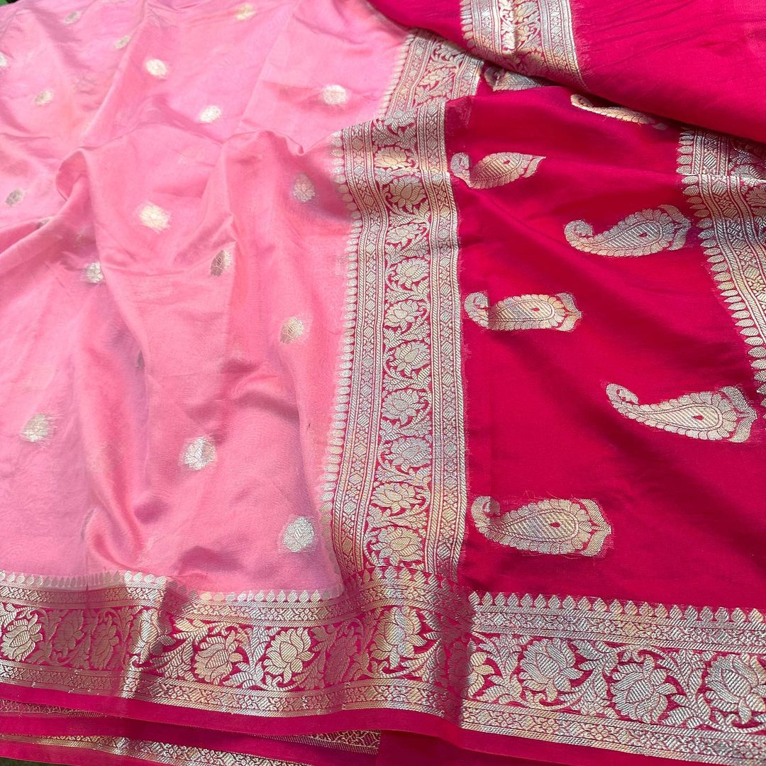 Raspberry Red Pink Semi Khaddi Georgette Banarasi Saree