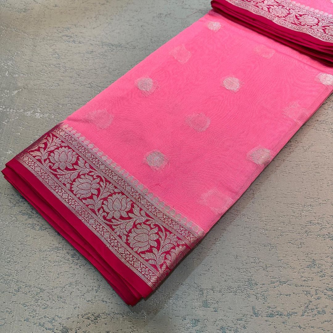 Raspberry Red Pink Semi Khaddi Georgette Banarasi Saree