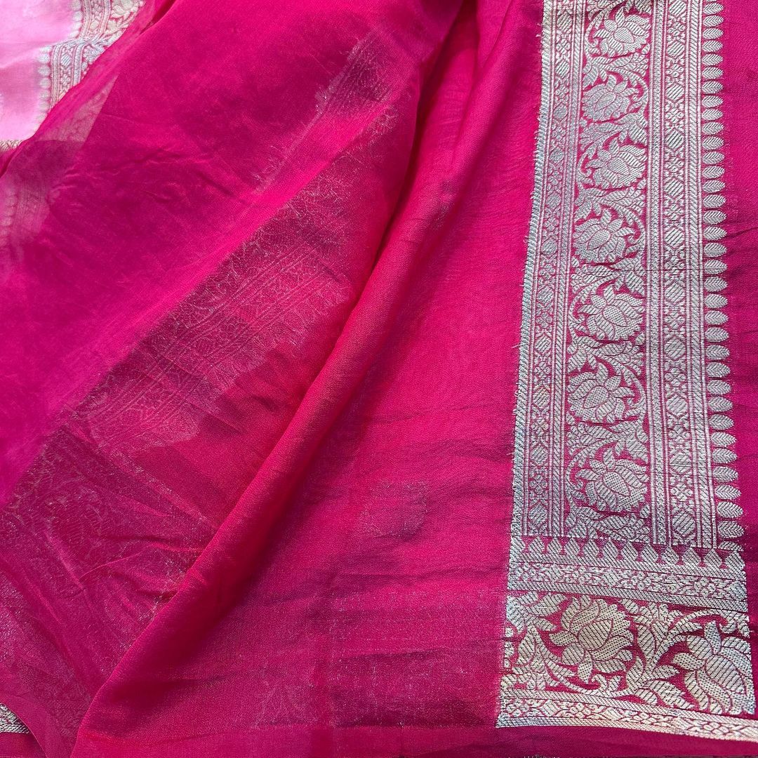 Raspberry Red Pink Semi Khaddi Georgette Banarasi Saree