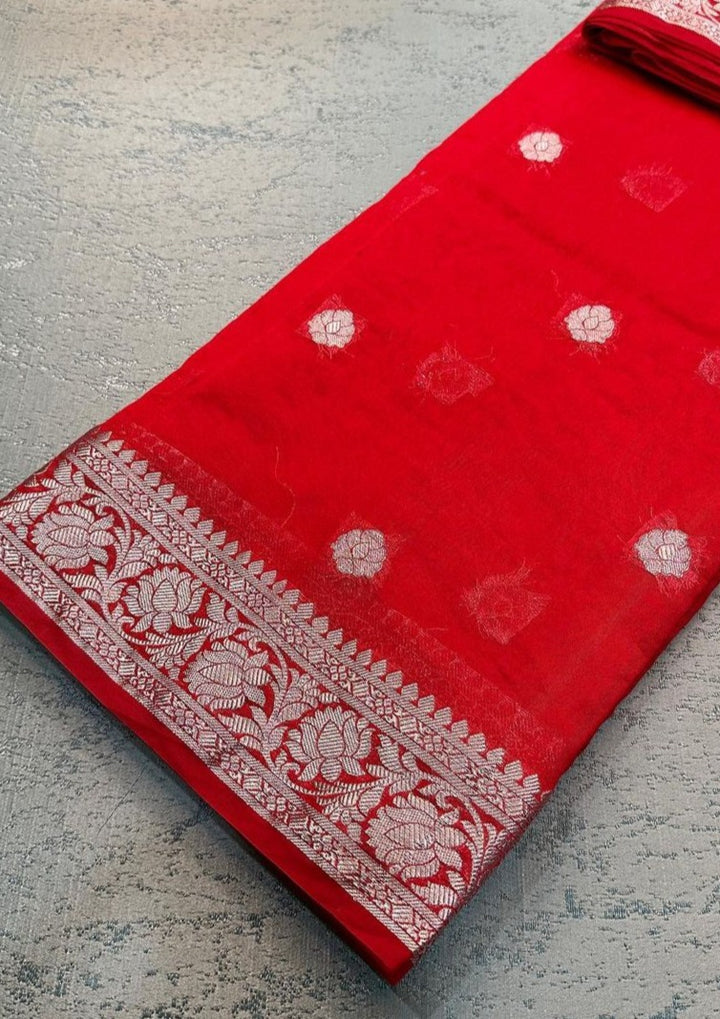 Sensible Red Semi Khaddi Georgette Banarasi Saree