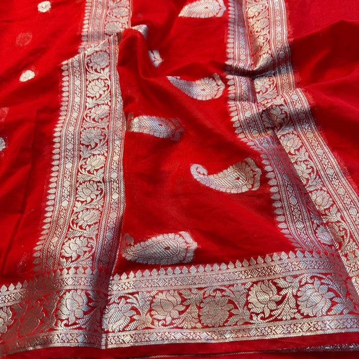 Sensible Red Semi Khaddi Georgette Banarasi Saree