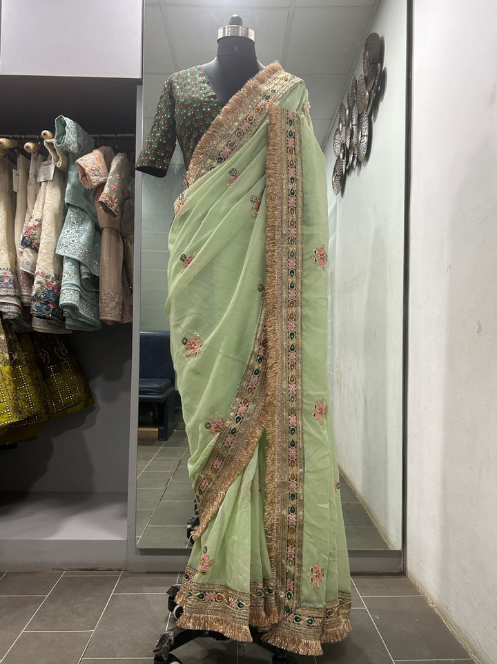 Gently Royal Pistachio Green Designer Organza Saree