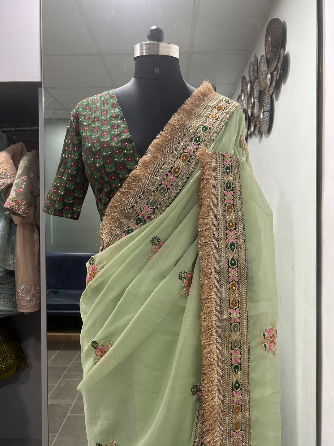 Gently Royal Pistachio Green Designer Organza Saree