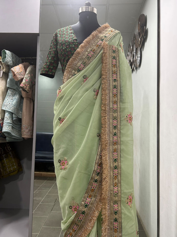 Gently Royal Pistachio Green Designer Organza Saree