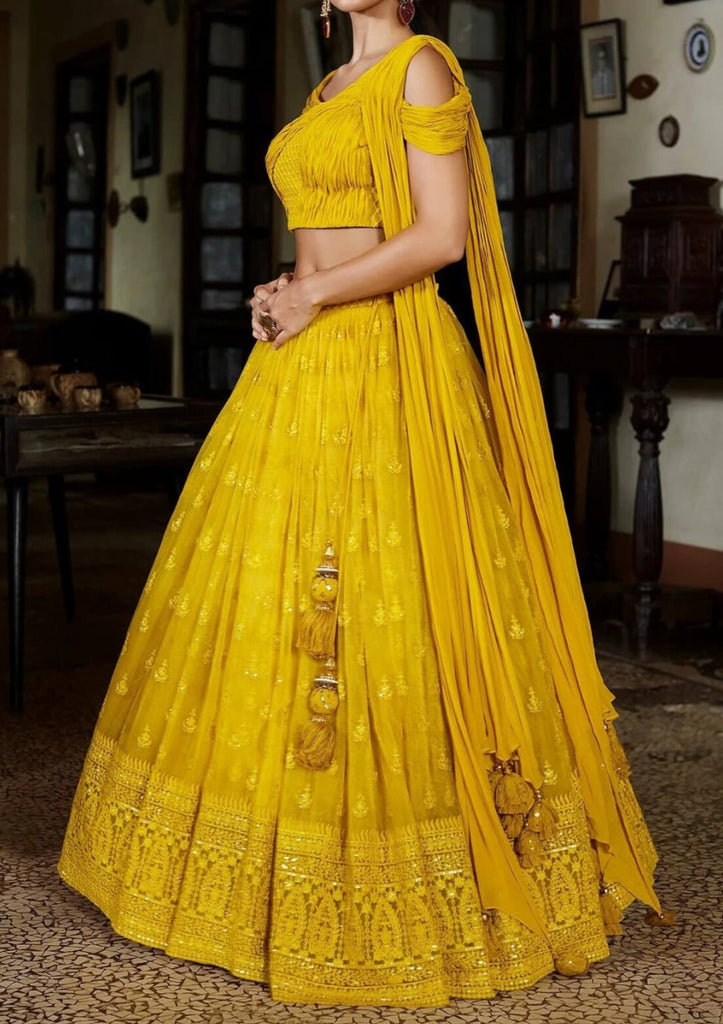 Buy Women Yellow Foil Print Lehenga With One Shoulder Blouse And Attached  Drape (Set Of 2) - Leheng & Skirt - Indya