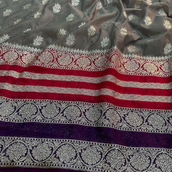 Heavenly Gorgeous Grey Semi Katan Banarasi Saree