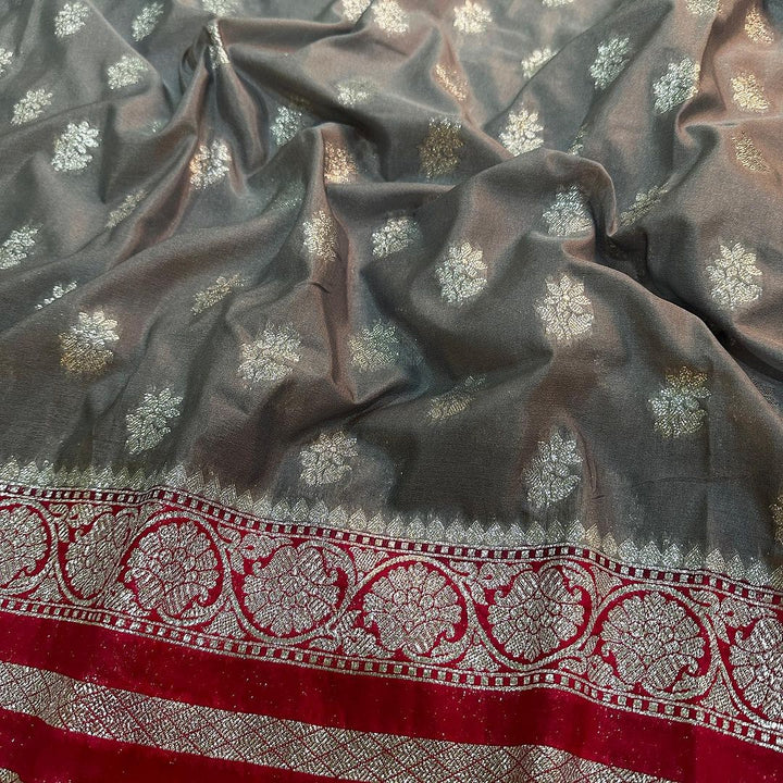 Heavenly Gorgeous Grey Semi Katan Banarasi Saree