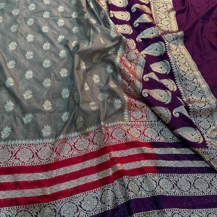 Heavenly Gorgeous Grey Semi Katan Banarasi Saree