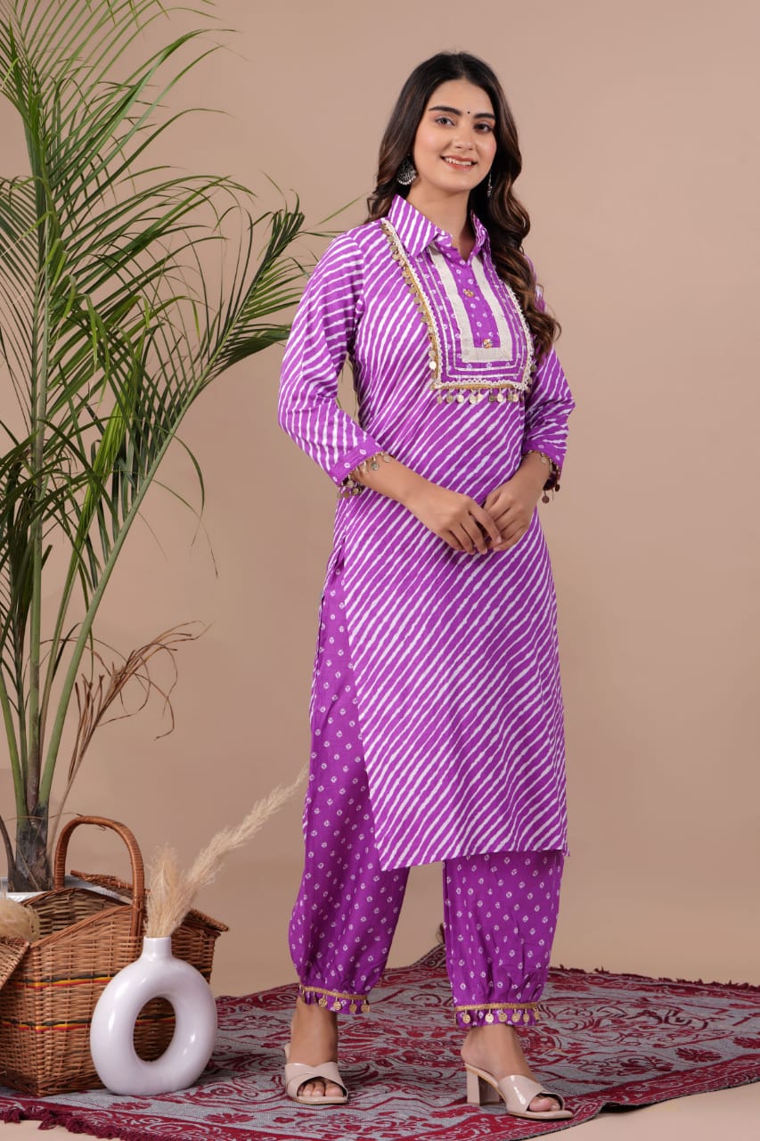 Leher Of Lehriya Festive Purple Pure Cotton Kurti Set