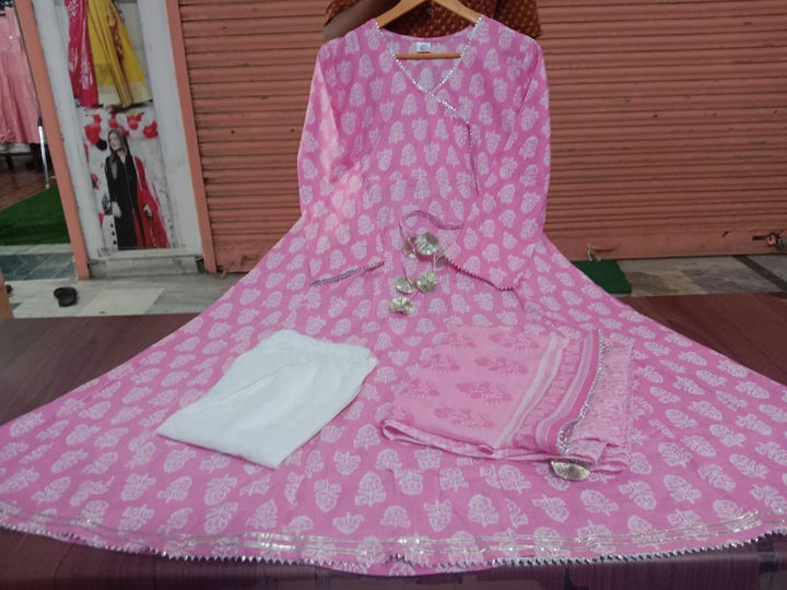 Cotton Candy Beautiful Angrakha Style Pink Cotton Kurti Set