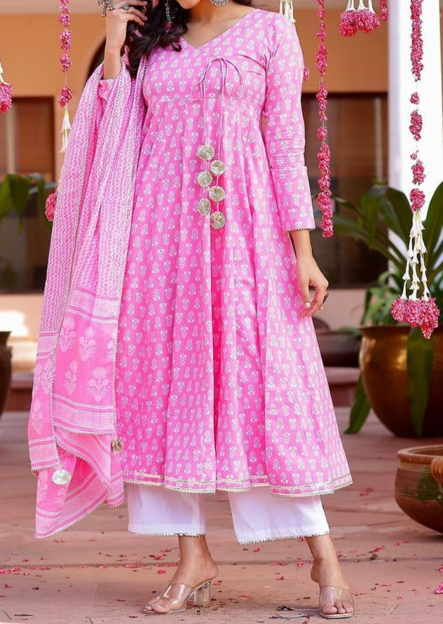 Cotton Candy Beautiful Angrakha Style Pink Cotton Kurti Set