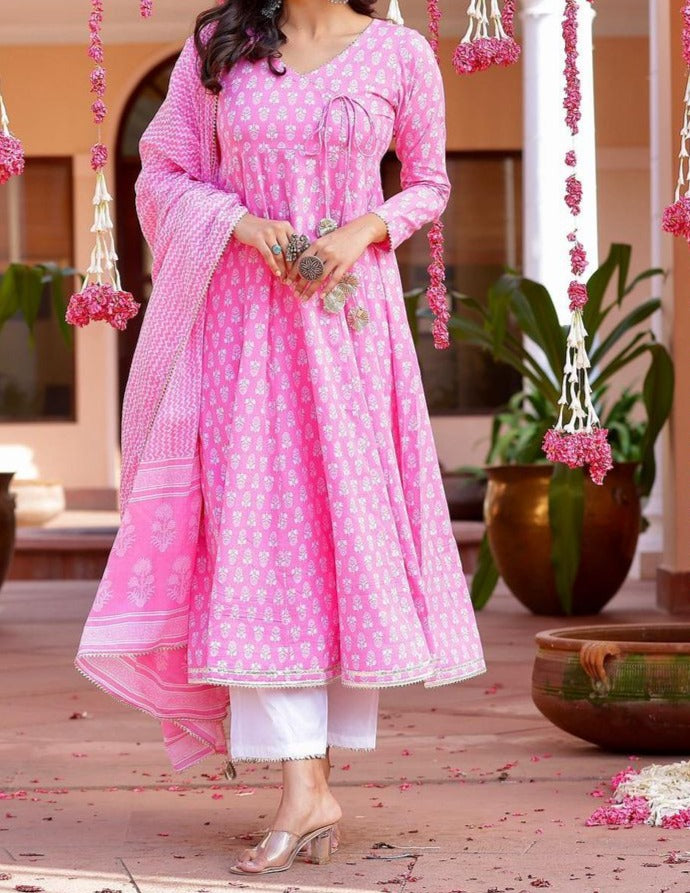 Cotton Candy Beautiful Angrakha Style Pink Cotton Kurti Set