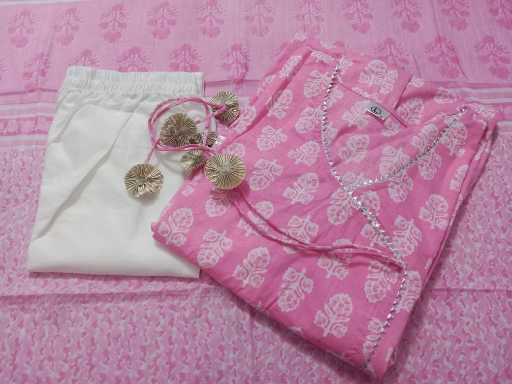 Cotton Candy Beautiful Angrakha Style Pink Cotton Kurti Set