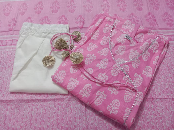 Cotton Candy Beautiful Angrakha Style Pink Cotton Kurti Set