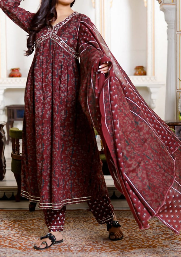 Intense Maroon Anarkali Jaipuri Kurti Set