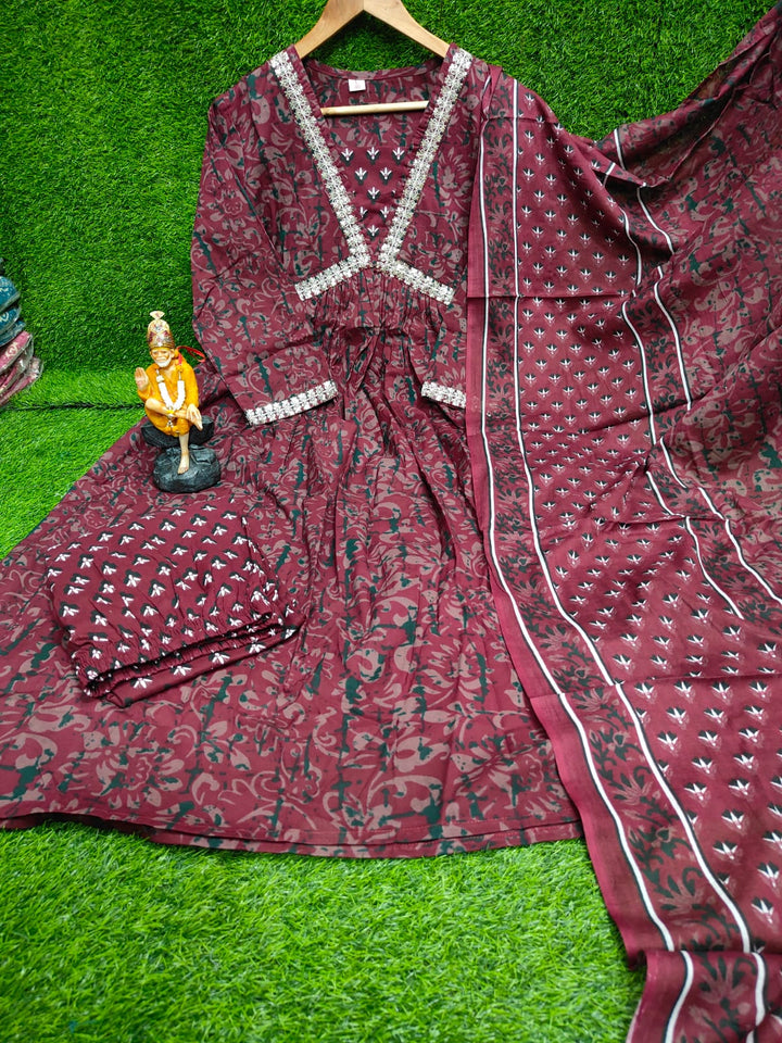 Intense Maroon Anarkali Jaipuri Kurti Set