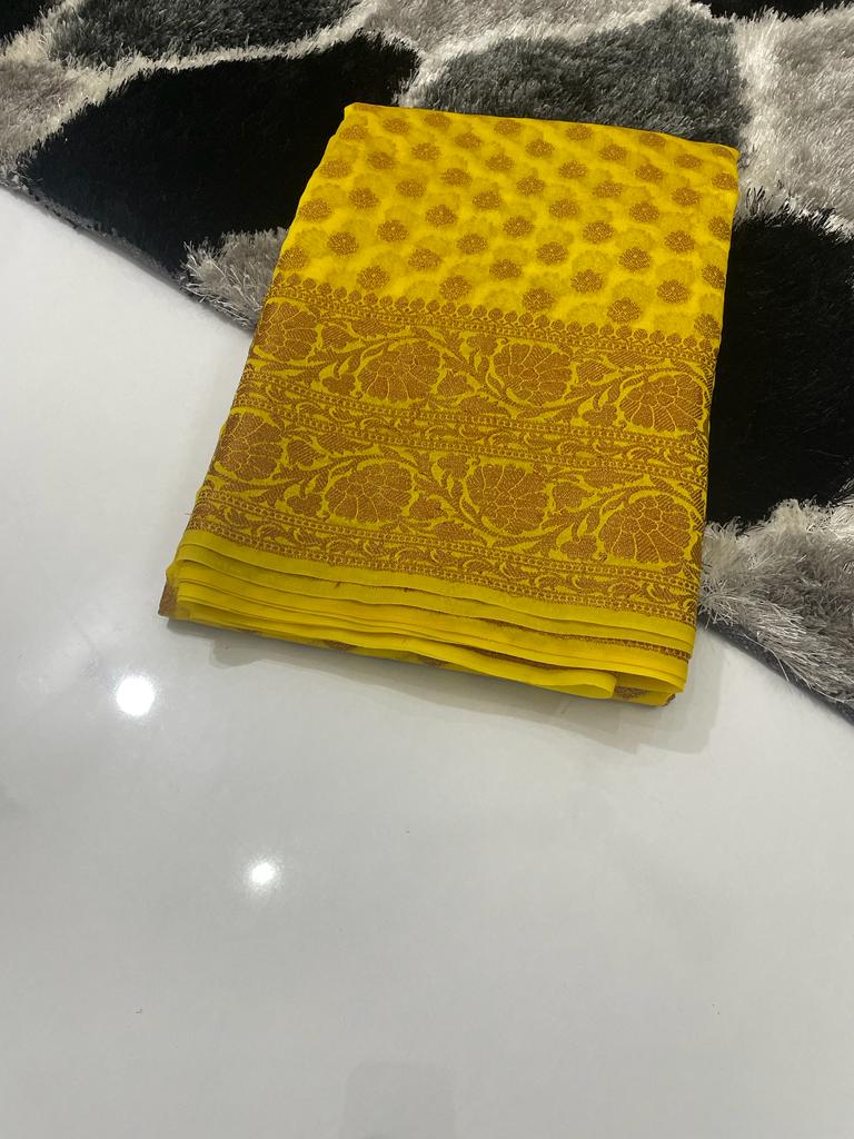 Precious and Mine Lemon Semi Khaddi Georgette Banarasi Saree