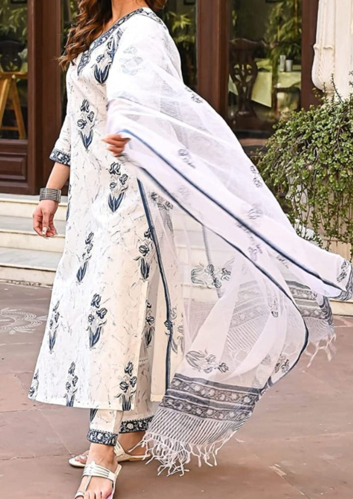 Smoky white Jaipuri Kurti Set