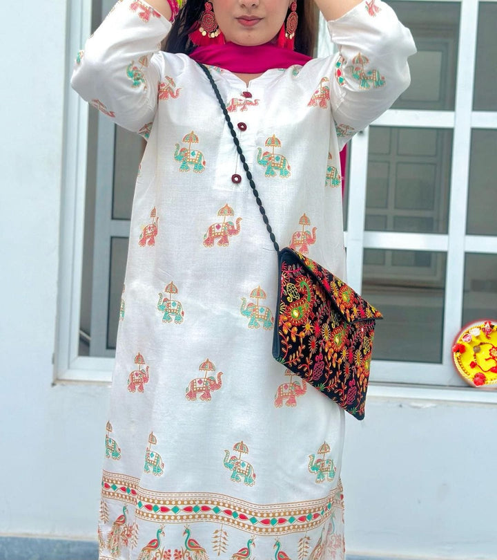 Prosperous Traditional Elephant Print Jaipuri Kurti Set