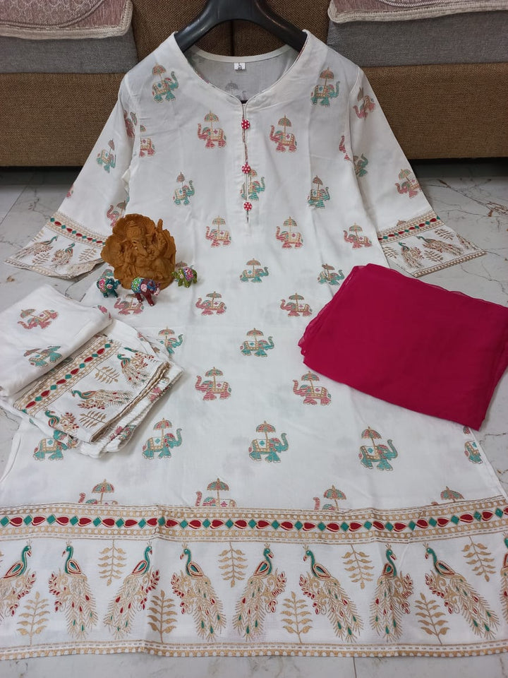 Prosperous Traditional Elephant Print Jaipuri Kurti Set