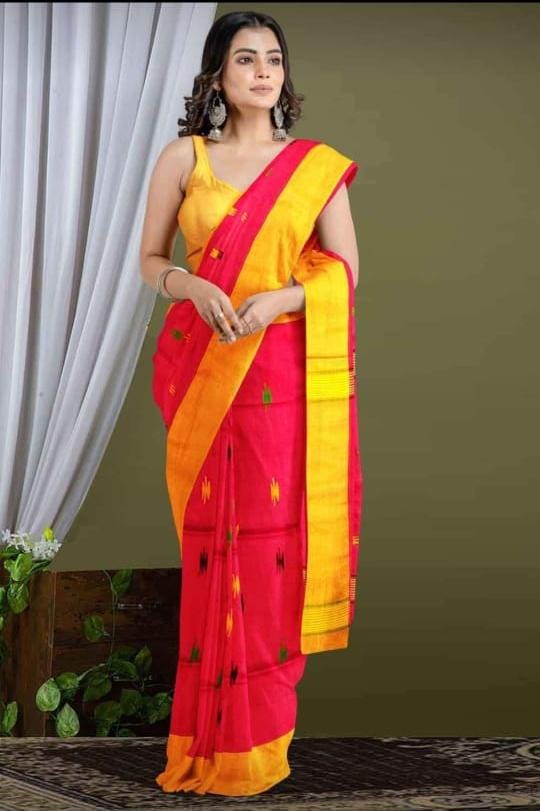 Mescerised cotton sarees with blouse – body butta chilly red color with  green color jari border – SareesZone