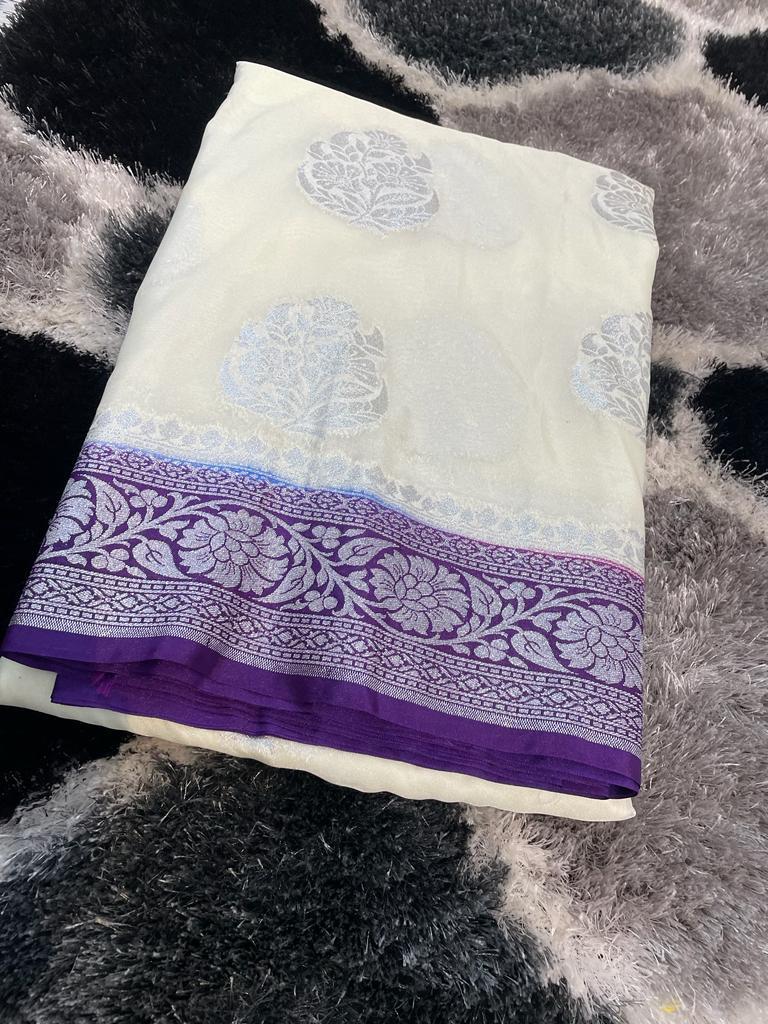 White Orchid Symphony Semi Katan Silk Banarasi Saree