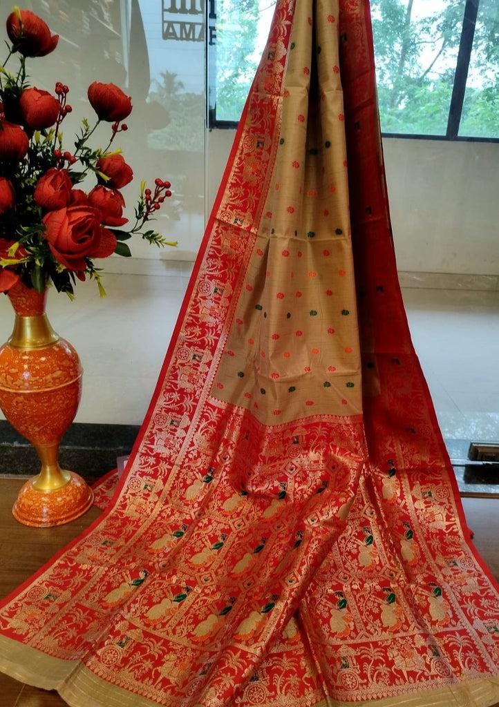 Ornamental Baluchari- Muga Tussar Silk Saree
