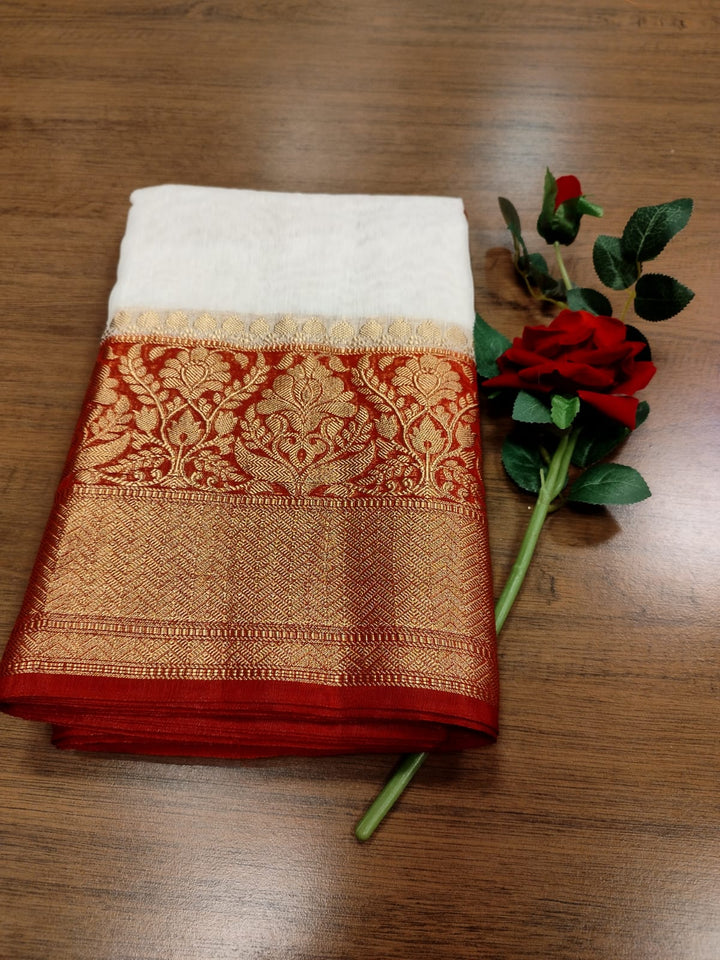 Crimson Cloud Pure Handwoven Silk Linen Banarasi Saree