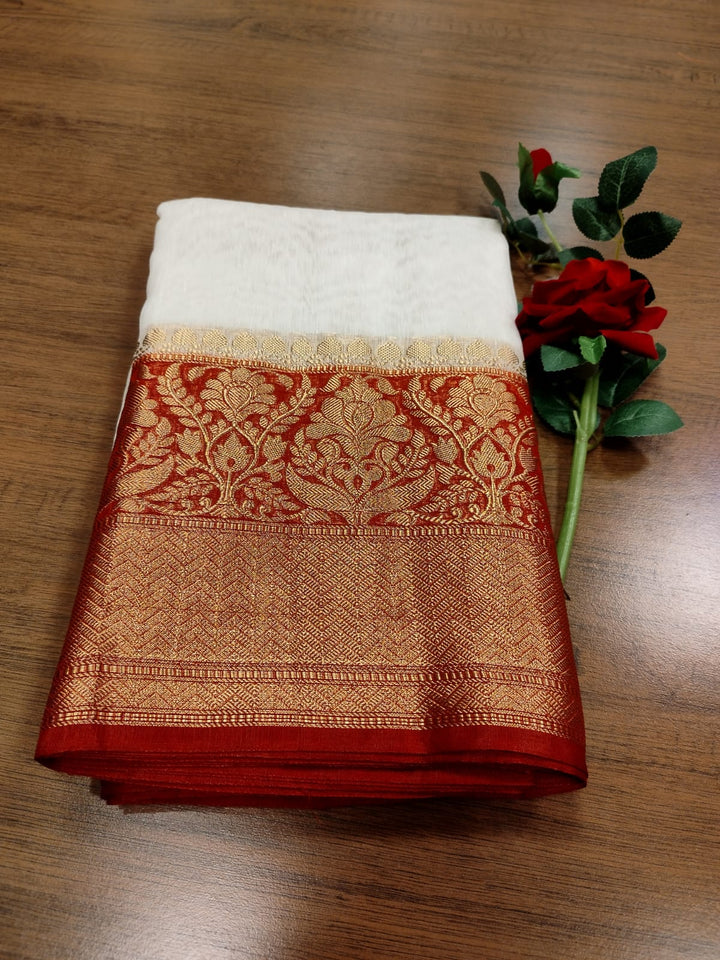 Crimson Cloud Pure Handwoven Silk Linen Banarasi Saree