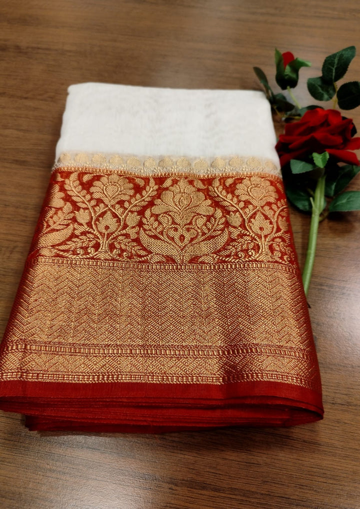 Crimson Cloud Pure Handwoven Silk Linen Banarasi Saree