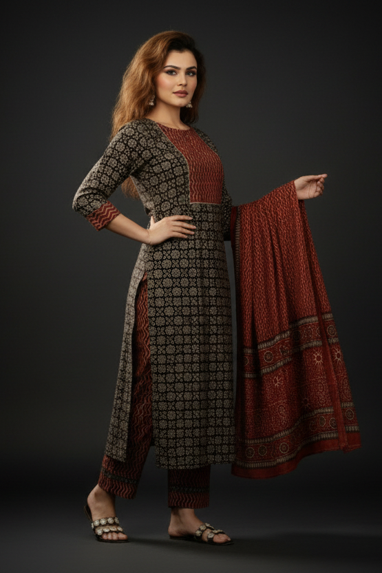 Symphony Of Black Red Jaipuri  Kurti Set