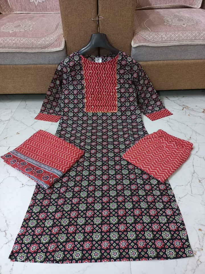 Symphony Of Black Red Jaipuri  Kurti Set