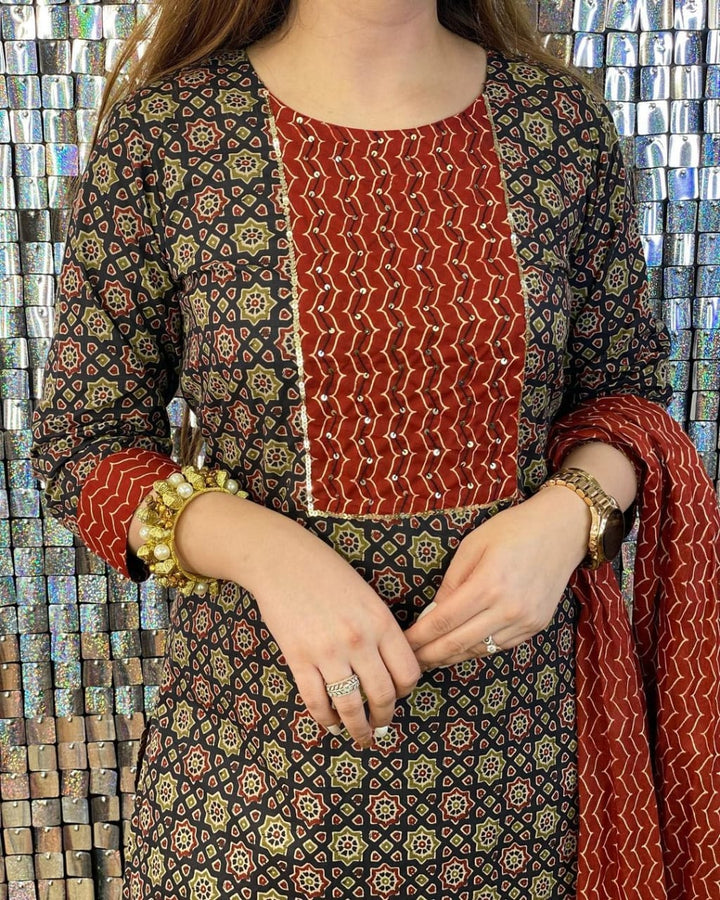 Symphony Of Black Red Jaipuri  Kurti Set