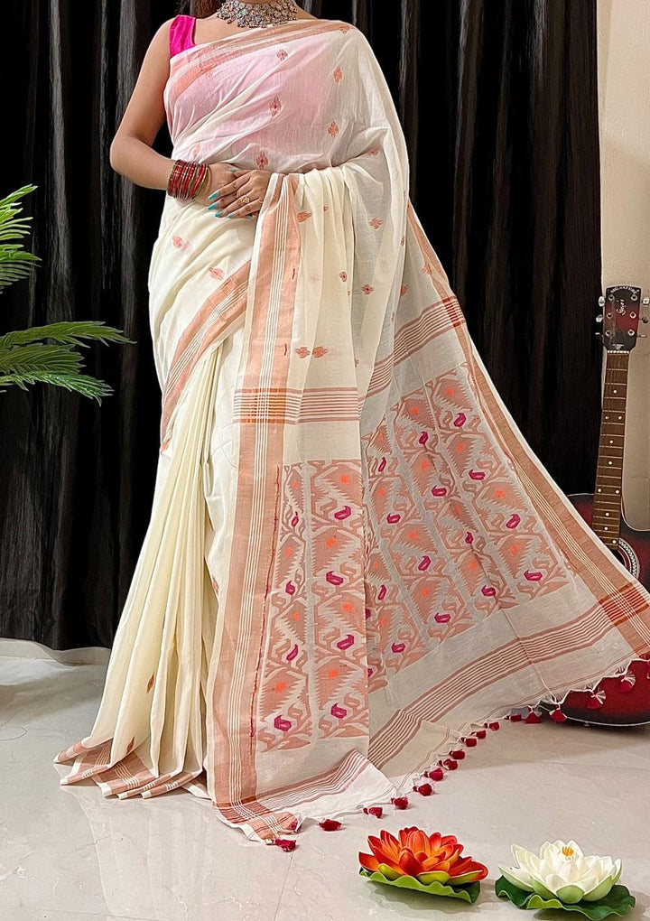 Sophisticated Mercerized Cotton Copper Zari Jamdani Saree