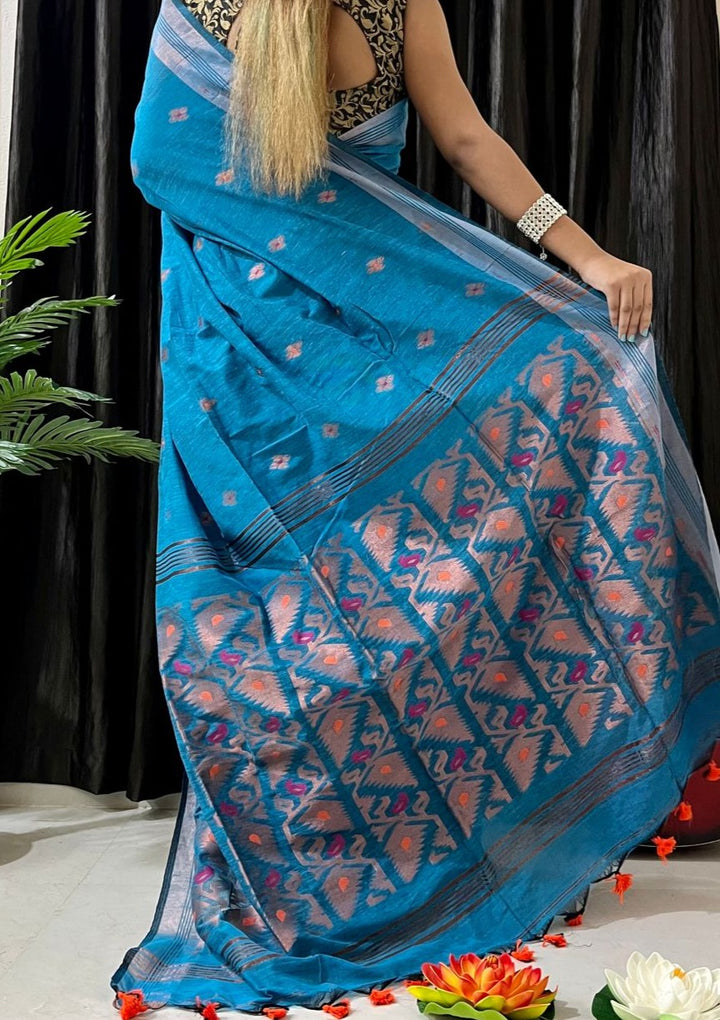 Sophisticated Mercerized Cotton Copper Zari Jamdani Saree