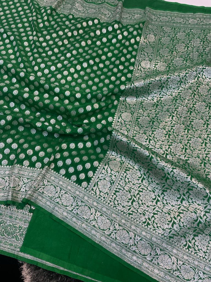 Dark Green Banarasi Semi Katan Saree