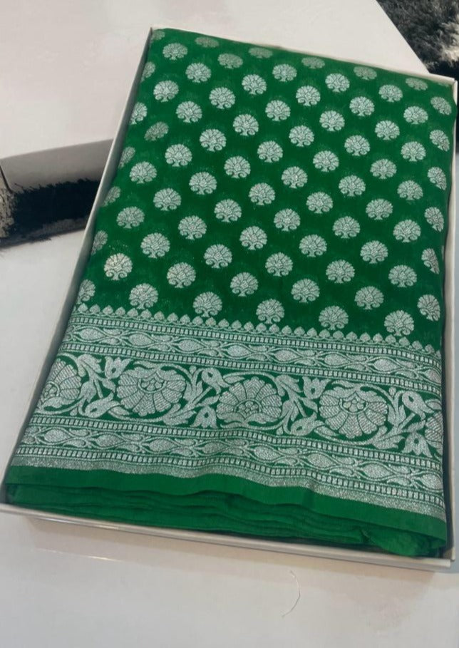 Dark Green Banarasi Semi Katan Saree