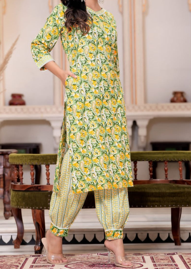 Olive Twist Designer jaipuri Floral Kurti Set