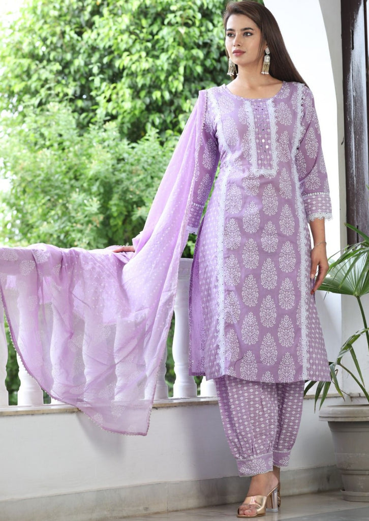 Lilac Dream Designer Jaipuri  Kurti Set