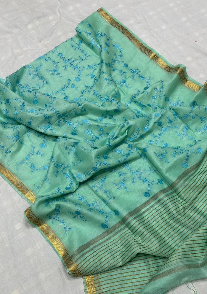 Assorted Pure Handwoven Embroidered  Silk Linen Saree(Sea Green)