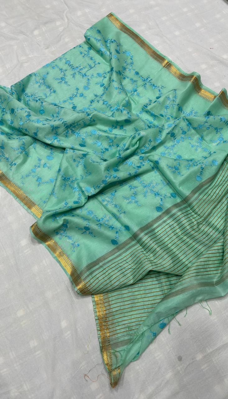 Assorted Pure Handwoven Embroidered  Silk Linen Saree(Sea Green)